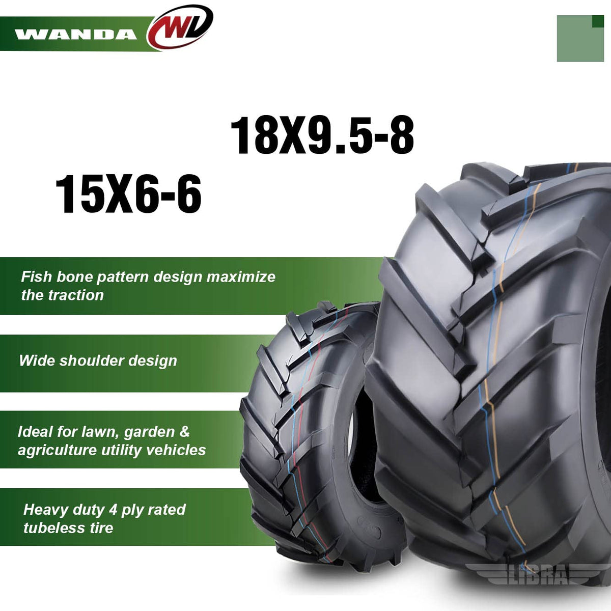WANDA 4PC 15X6-6 & 20X10-8 Lawn Mower Tractor Tires Super Lug -13078/13071