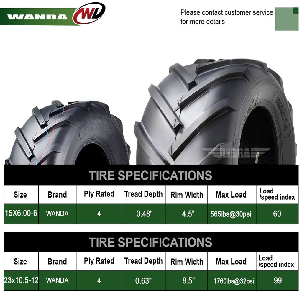 WANDA 4PC 15X6-6 & 20X10-8 Lawn Mower Tractor Tires Super Lug -13078/13071