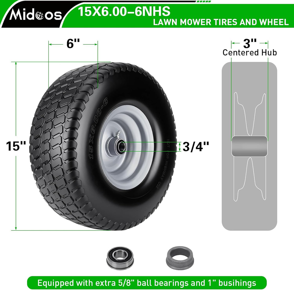 2pcs 15x6.00-6 Flat Free Tire And Wheel, 15x6-6 NHS Lawn Mower Tire