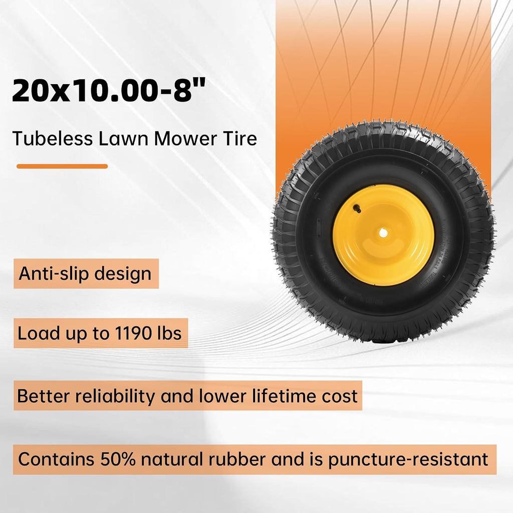 2-Pack 20x10.00-8 Tubeless Lawn Mower Rear Tire and Wheel Assembly, 4-Ply.