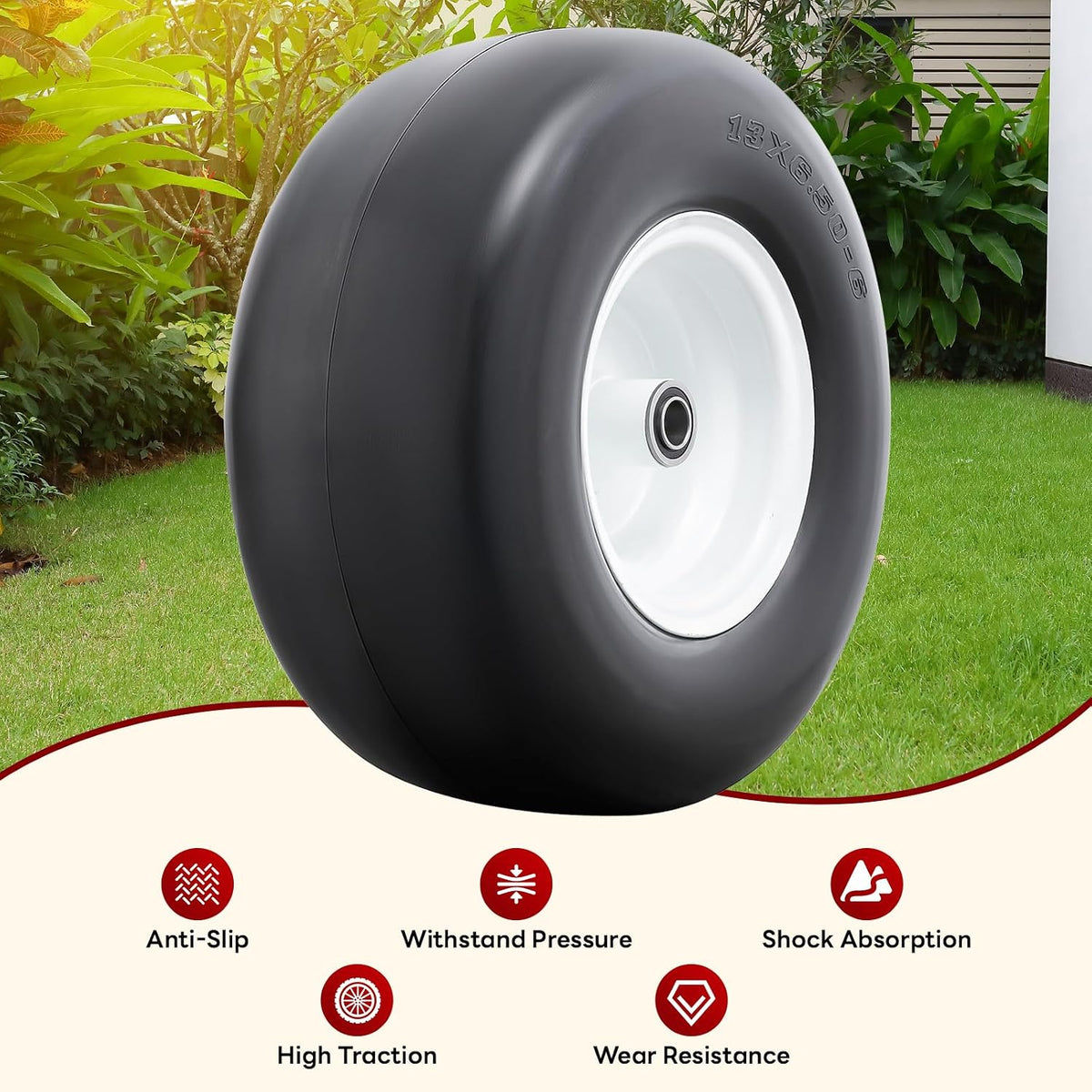 2PCS 13x6.50-6 Flat Free Lawn Mower Tires, 13" Solid Tire and Wheel