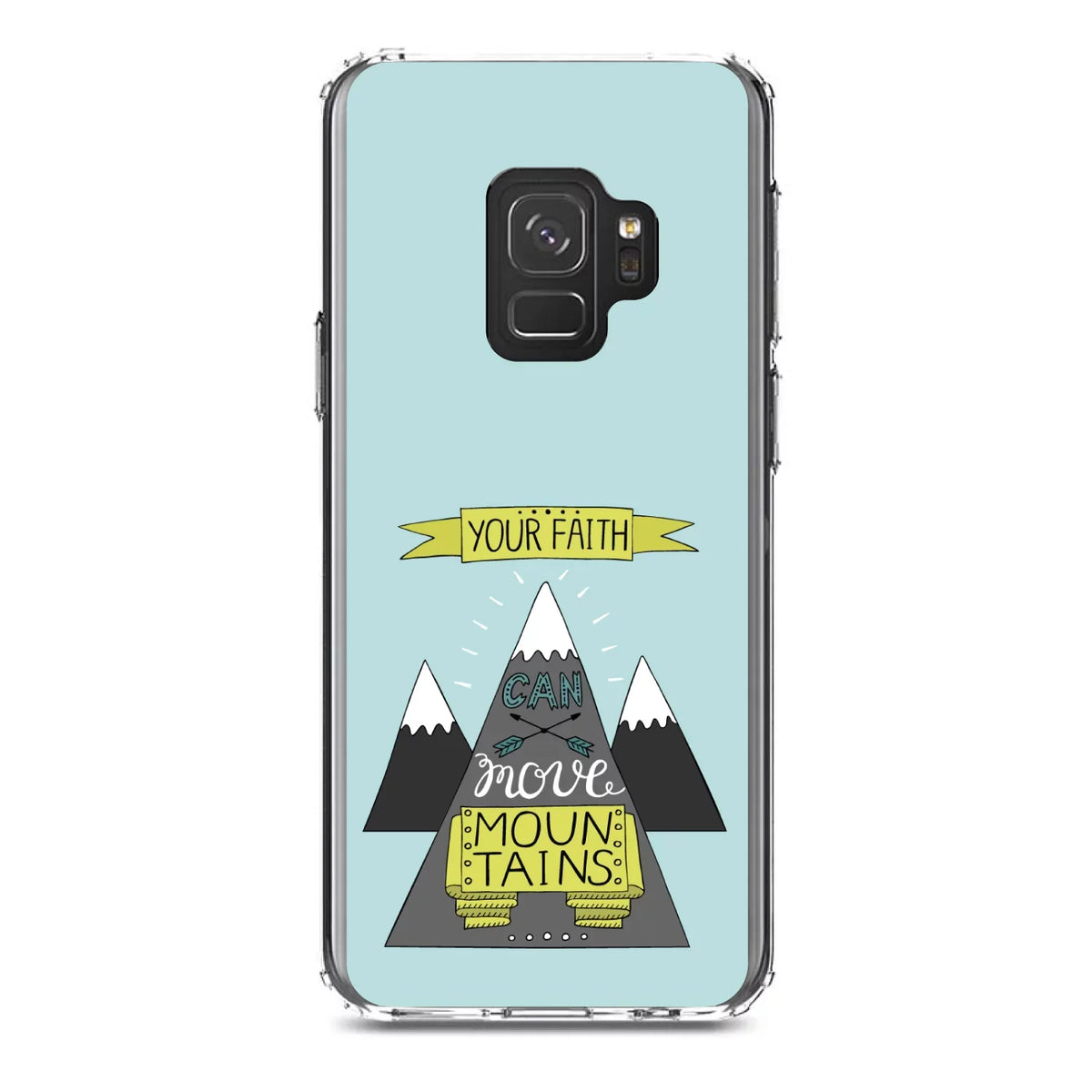 DistinctInk Clear Shockproof Hybrid Case for Samsung Galaxy  (5.8" Screen) -  Bumper, Acrylic Back, Tempered Glass Screen Protector - Your Faith Can Move Mountains